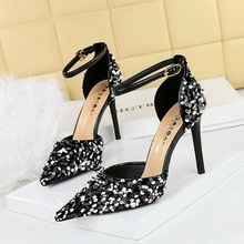 9868-1 High Heel Shoes Hollow Straight Line with Hollow Hollow Women's Shoes Thin Heel Ultra High Heel Shallow Mouth Pointed Shining Shining Sandals