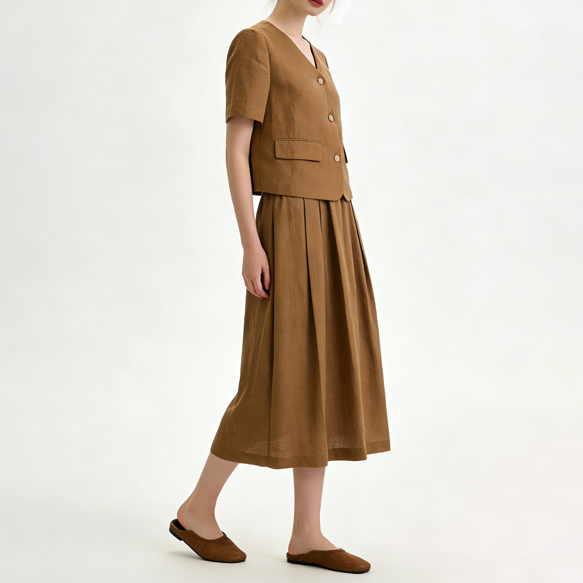 Bộ suit linen nữ áo vest ngắn tay kết hợp chân váy cao eo — Áo gi lê - 65427 kaki chi tiết 2