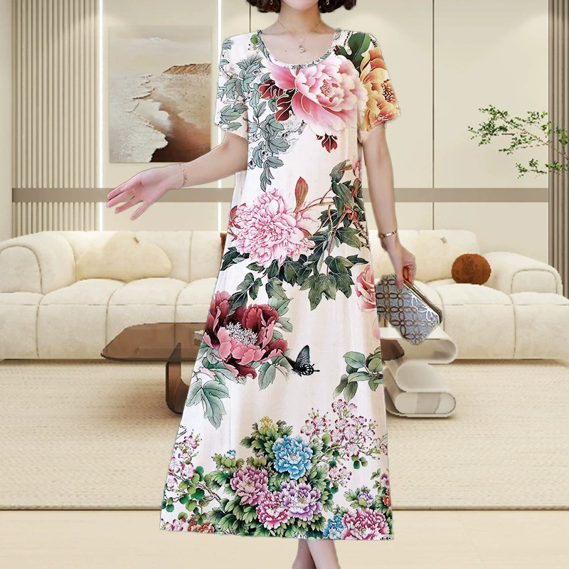 Высококачественное женское платье, новый летний стиль для мам, свободная утягивающая юбка с принтом, закрывающая живот, женская юбка средней длины больших размеров.