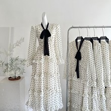 2025实拍 秋季法式收腰波点蛋糕长款连衣裙长袖