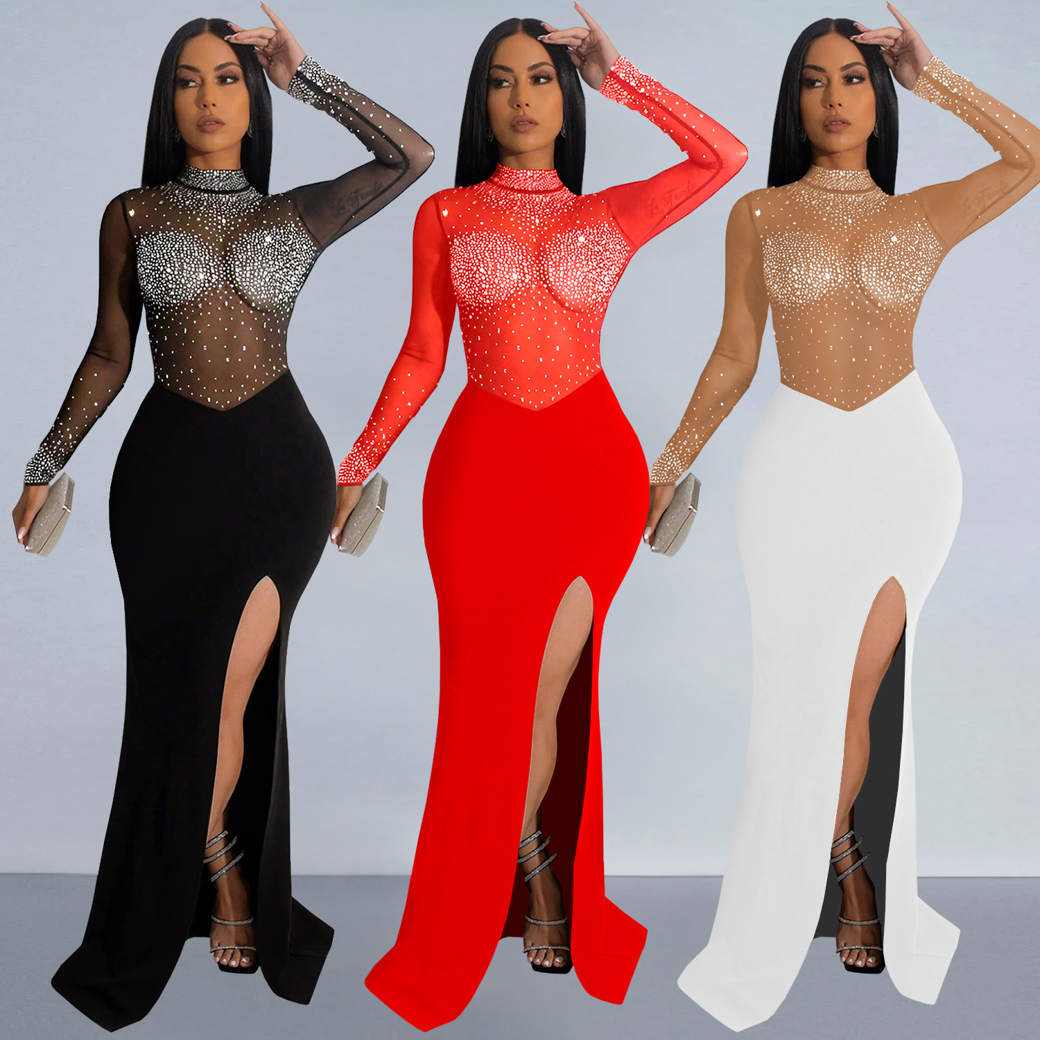 C7330 Cross-border AliExpress Amazon Ropa de mujer de moda europea y americana Vestido de malla transparente sexy con diamantes calientes image 1