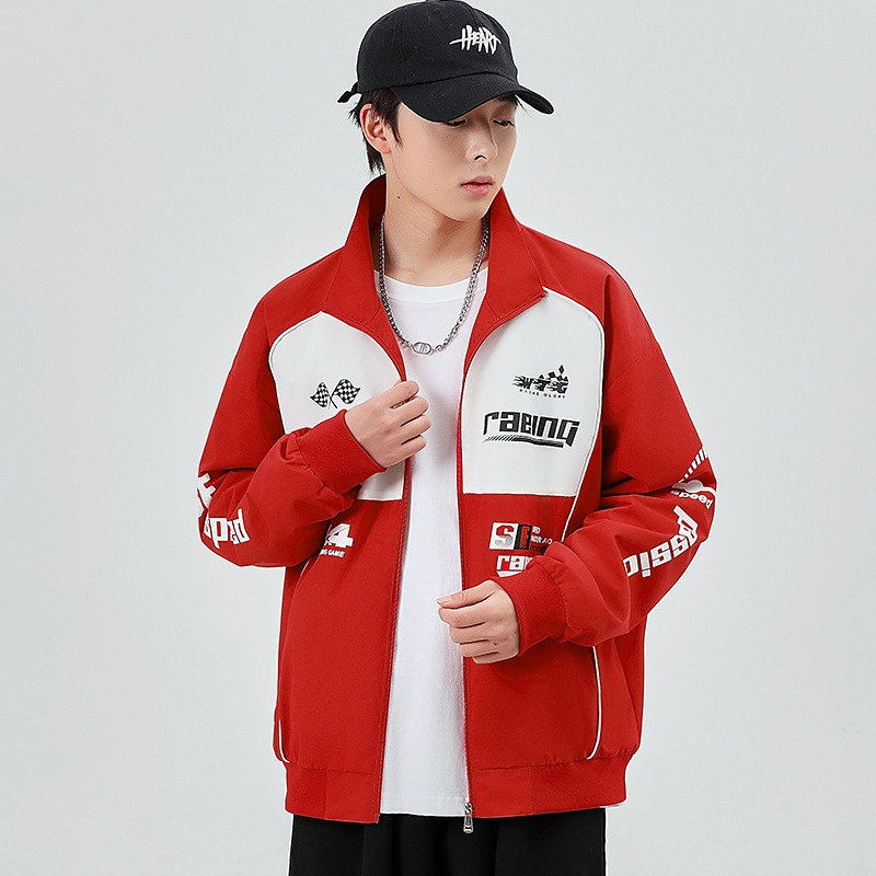 American Style Motorcycle Jacket for Men, Autumn Trendy Fashion Printed Stand Collar Color-Blocked Jacket, Loose Fit Motorcycle Jacket for Men