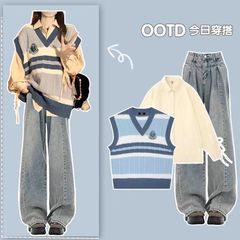 2025新款秋季温柔系穿搭女一整套韩版衬衫针织马甲牛仔裤三件套装