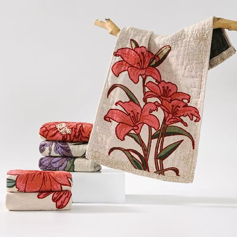 Small Towel Wholesale Hemp National Style Large Flower Print Simple Low-Key Elegant Comfortable Feel Delicate Touch Small Towel