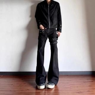 美式复古高街绑带黑色微喇牛仔裤男款休闲设计感显瘦修身长裤子男