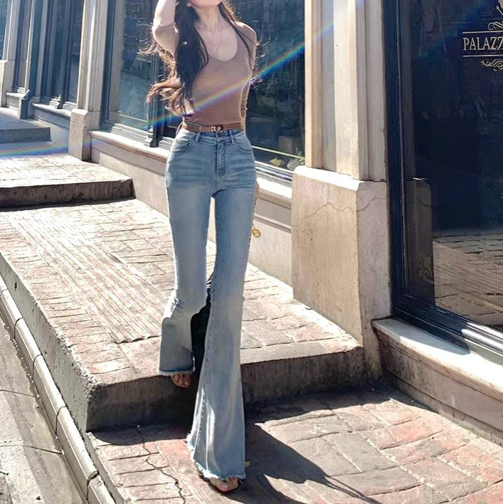 Achi1 Dayeike Blue Slim Fit Hip-Lifting Micro-Flared Jeans Women's High-Waist Slim Pants Stretch Raw Edge Pants