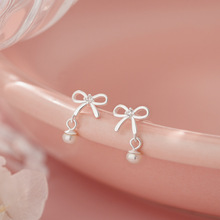S999足银韩风韩系蝴蝶结珍珠耳钉秋冬款设计养耳洞耳饰代发