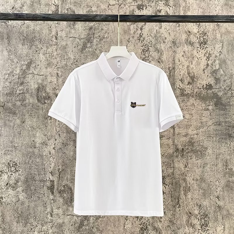 Camisa polo de solapa de manga corta para hombre de seda de hielo de verano, casual de negocios para hombre, camiseta de todo fósforo de seda de hielo, tendencia de bordado para hombre