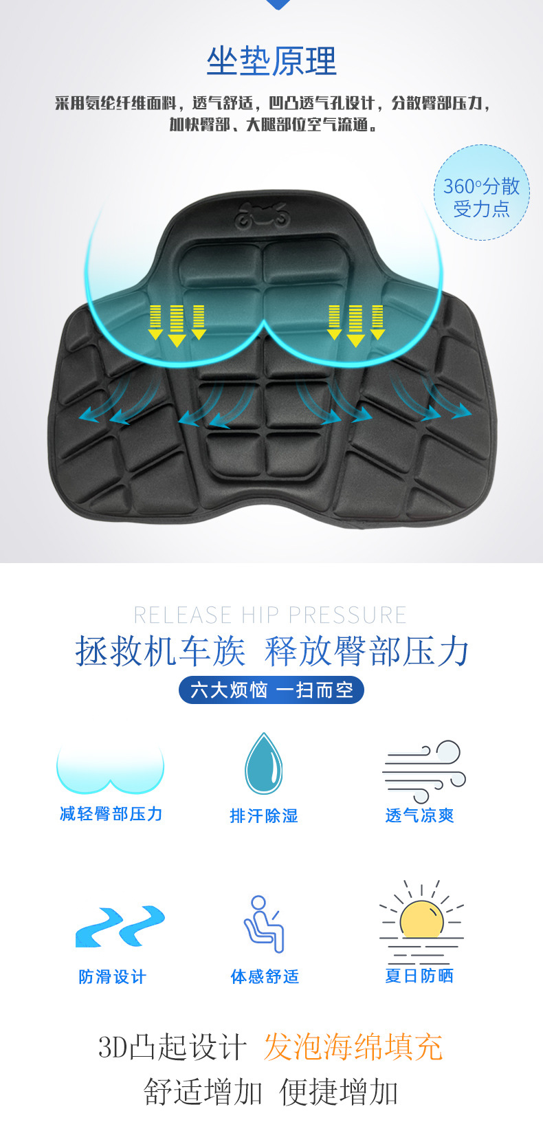 Electric Motorcycle 3D Shock-Absorbing Seat Cushion Cover, Heat-Insulating and Sun-Proof, Suitable for All Seasons, Universal for Battery Bikes, Suitable for Cross-Riding