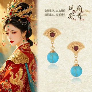复古宫廷风镀金镶嵌仿绿松耳环女古风耳钉汉服旗袍小众设计感耳饰