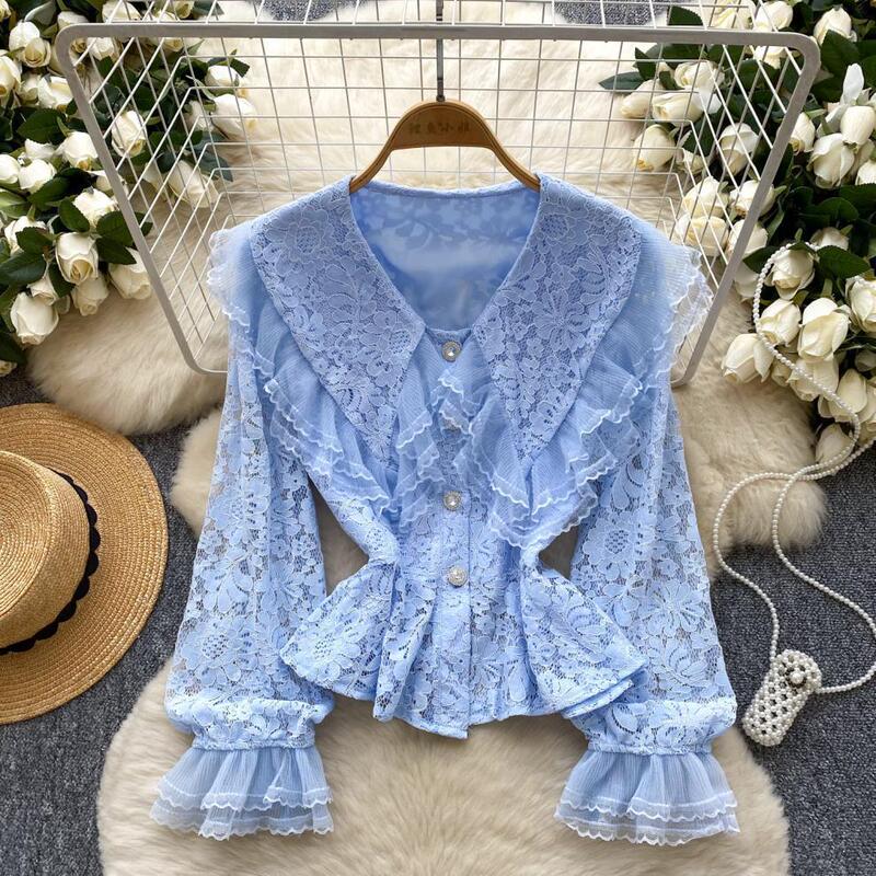 French-Style Elegant Lace Patchwork Doll Collar Flared Sleeve Lace Cardigan for Women, Versatile Single-Breasted Slim-Fit Long-Sleeve Shirt French-Style Elegant Lace Patchwork Doll Collar Flared Sleeve Lace Cardigan for Women, Versatile Single-Breasted Slim-Fit Long-Sleeve Shirt