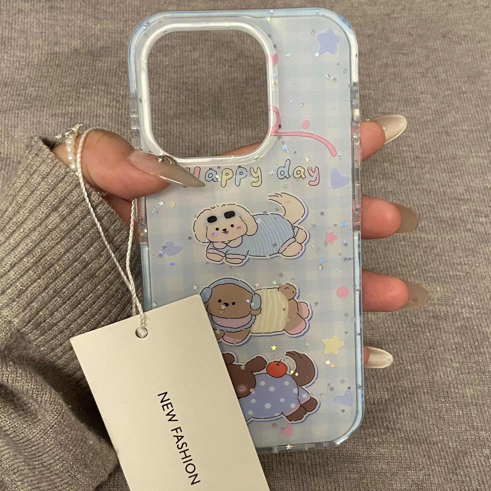 Милый музыкальный щенок-подслушиватель подходит для чехла iPhone16pro мобильного телефона 15 личность 14 блесток звезды 13 капель клея корейский