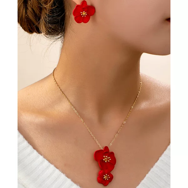European and American Cross-border Trendy New Red Flower Pendant Necklace Earrings suit Retro Elegant Fashion Jewelry suit