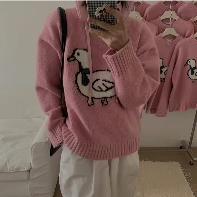Korean Style Sien*E Little Duck Embroidered Knit Sweater, Round Neck, Thick Pullover, Loose Knit Sweater, Lazy Style, Cute