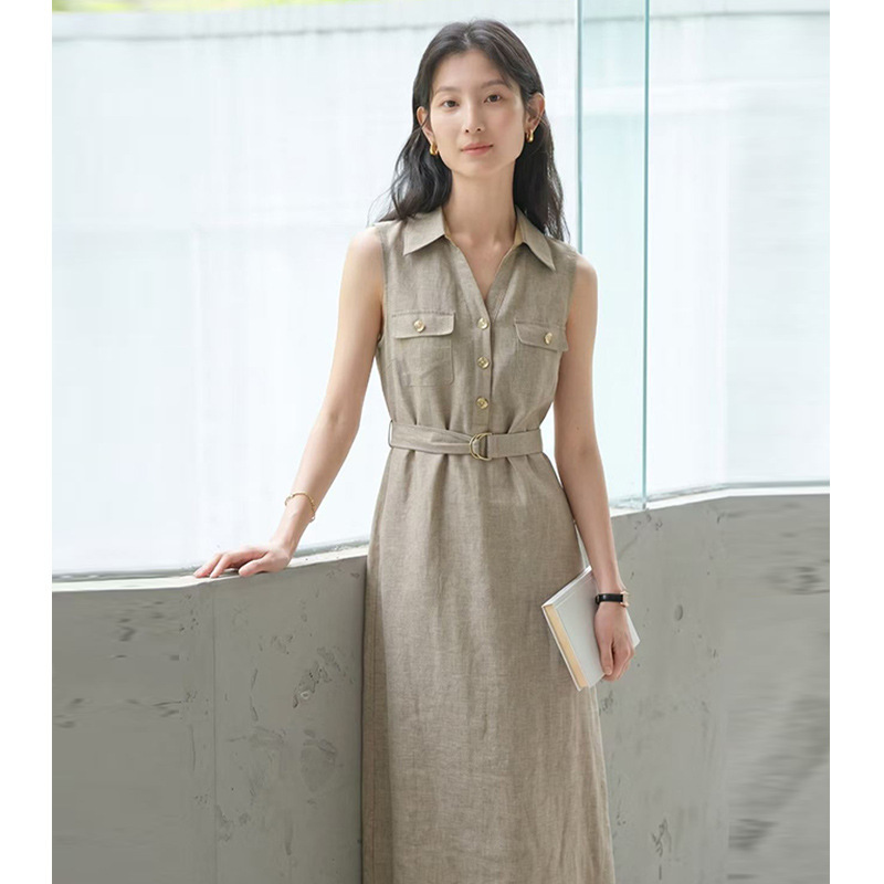 【Translation*Order】Fashionable Old Money Style Linen Sleeveless Shirt Dress with Turn-Down Collar and Waist-Cinching Design for Women 【Translation*Order】Fashionable Old Money Style Linen Sleeveless Shirt Dress with Turn-Down Collar and Waist-Cinching Design for Women
