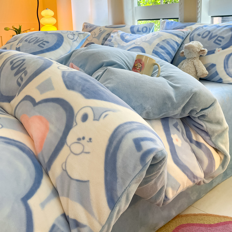 Juego de cama de lana de leche de invierno de cuatro piezas 2024 nuevo juego de sábanas de lana de coral de tres piezas