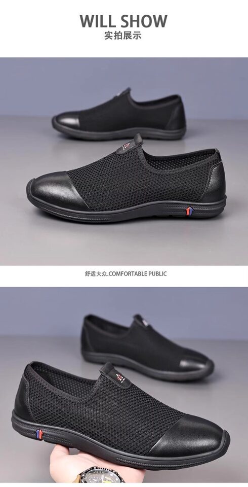 Giày sandal nam lười đế bằng, mũi tròn, thân lưới thoáng khí, phong cách casual — Màu kaki, màu đen chi tiết 16