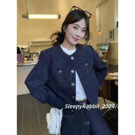 韩系藏蓝色小香风外套女短款秋季高级感超好看小个子休闲千金上衣