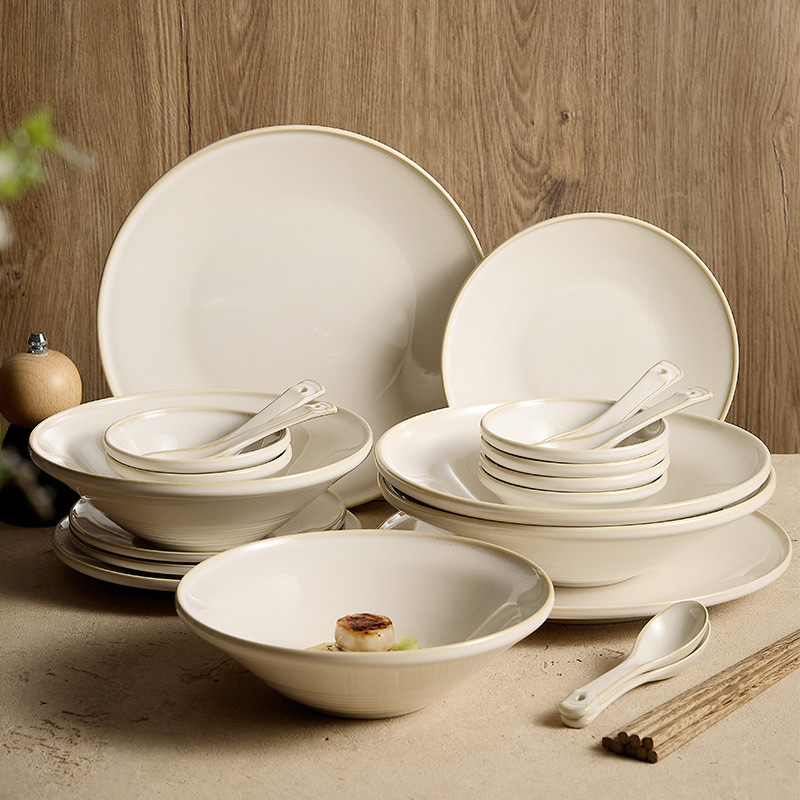 Factory beige kiln ceramic tableware rice bowl plate bowl chopsticks combination Japanese 2024 new housewarming dishes for home