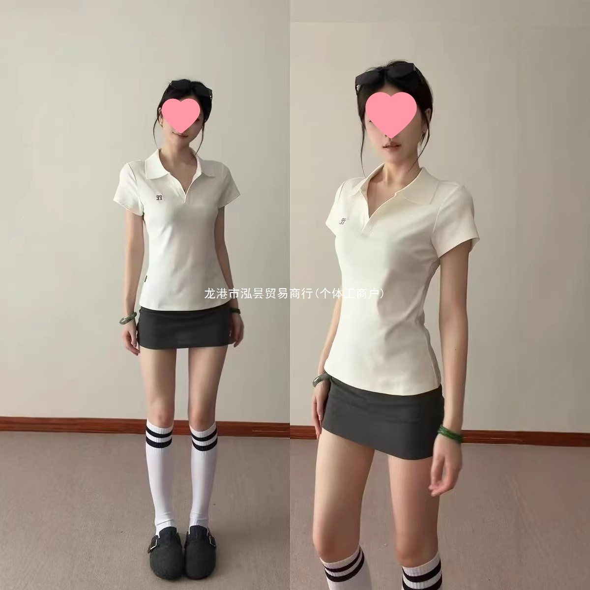 Korean style V-neck off-shoulder polo shirt/t-shirt for women, summer slim fit, waist-cinching, collared sports tennis outfit, short-sleeved top.