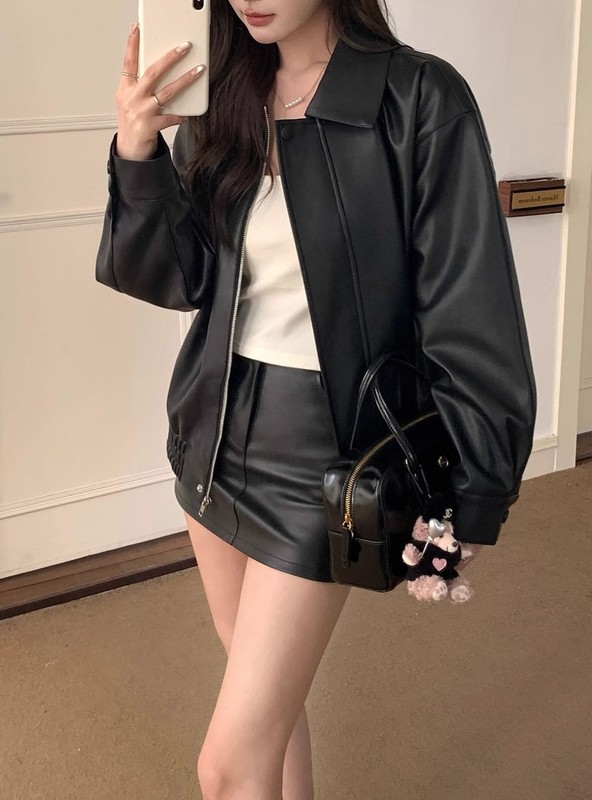 甜酷风黑色复古夹克皮衣外套女2025年冬季新款宽松机车服气质上衣|undefined