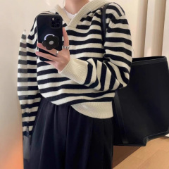 小个子黑白条纹慵懒风浣熊绒连帽毛衣女秋冬季内搭高级感针织上衣