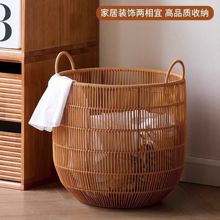 Cesta de ropa sucia tejida de imitación de ratán personalizada cesta de almacenamiento de ropa sucia impermeable acabado de dormitorio baño de hotel cesta de lavandería