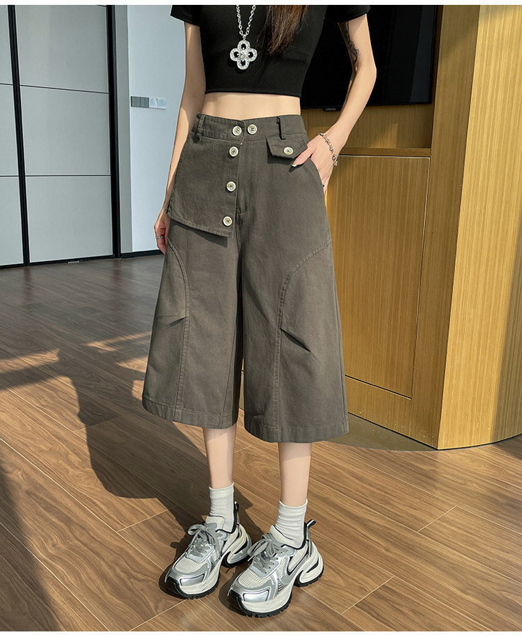 Quần culottes nữ ống rộng cạp cao dáng suông vải cotton — màu trắng chi tiết 26