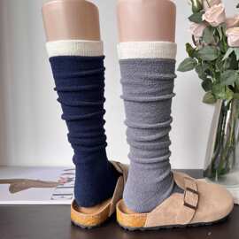 澳绒时髦藏青拼色小腿袜女秋冬中厚款保暖显瘦深灰色堆叠及膝袜
