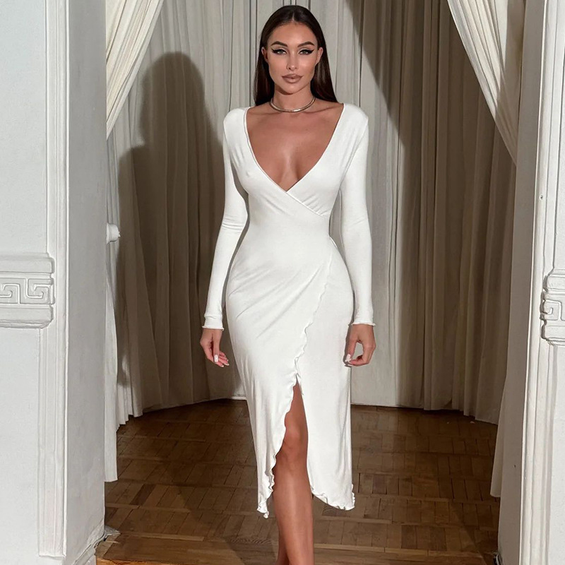 New European and American Foreign Trade Women's Low-cut V-neck Long Sleeve Ear Edge Irregular Split Sexy Evening Dress dress New European and American Foreign Trade Women's Low-cut V-neck Long Sleeve Ear Edge Irregular Split Sexy Evening Dress dress