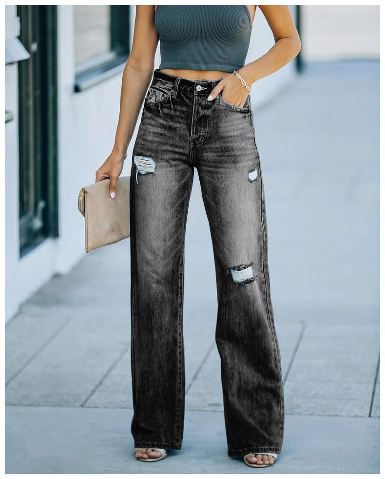 Ripped Wide-Leg Washing Jeans NSJRM81746