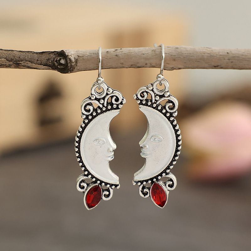 Drop Earrings Classification Retro Human Face Moon Alloy Inlay Obsidian Women's Drop Earrings