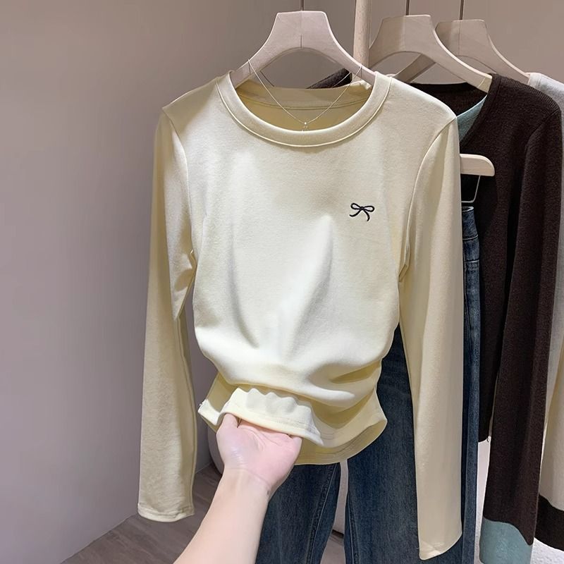 韓国版インカジュアル秋薄いホットガールスリム長袖Tシャツレディーススリムホットガールラウンドネックボトリングシャツトップ|undefined