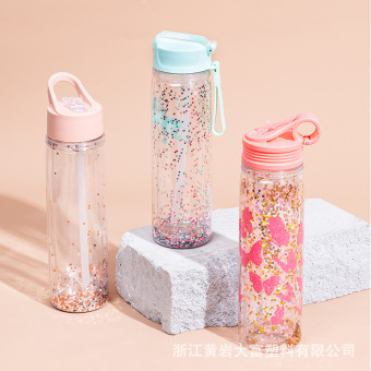 双层Tritan闪粉太空杯高颜值吸管式水杯耐温DIY塑料杯欧美热销