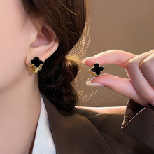 新款法式小众耳扣女气质百搭耳环轻奢高级满钻双面四叶草耳饰品女