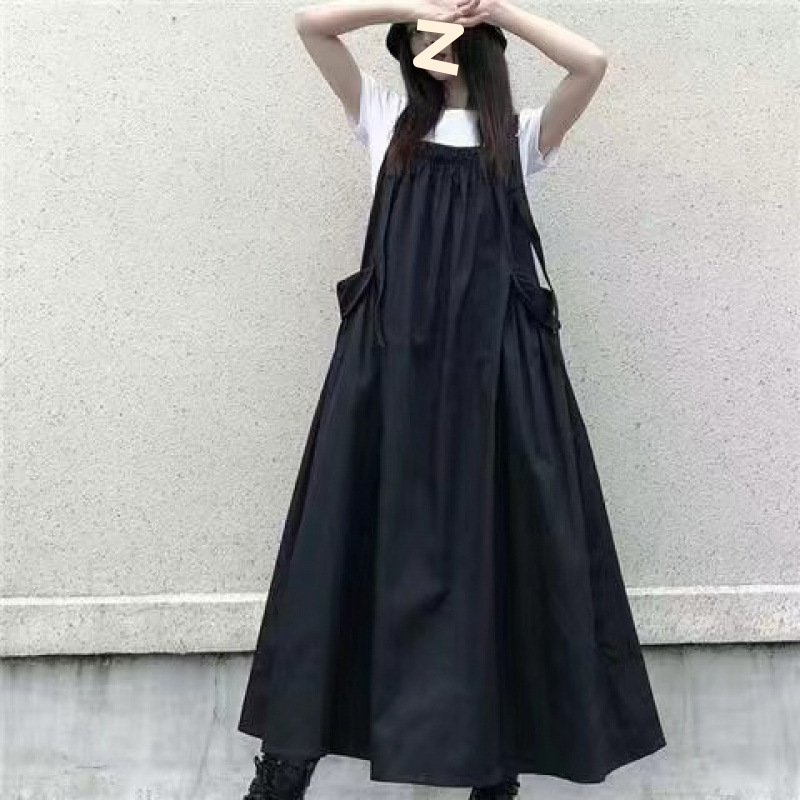 夏季新款赫本风背带连衣裙女学生宽松百搭显瘦中长款吊带裙两件套|undefined