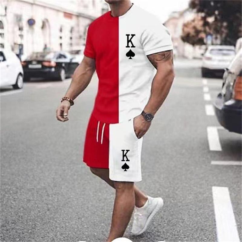 Comercio exterior europeo y americano verano nuevo estilo moda hombre simple impresión 3D a juego de color camiseta de manga corta traje de 2 piezas para hombre al por mayor