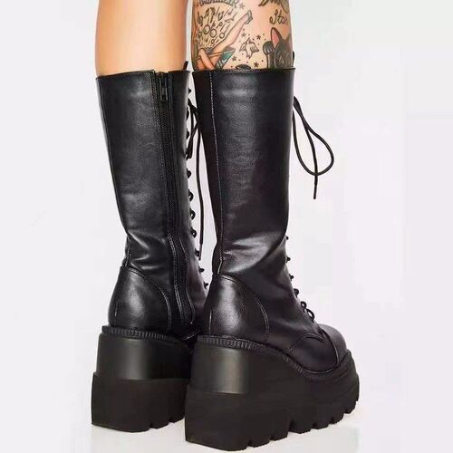 Thick soled motorcycle rider boots, but knee-high shoes, cos 20cm lacing single liner, leg-showing thin high boots, long boots