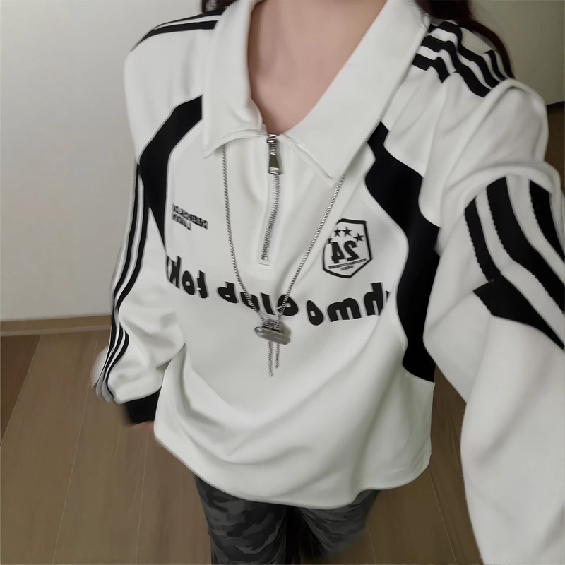 American-Style Half-Zip Polo Shirt for Men, Autumn Color-Block Striped Patchwork Lapel Sweatshirt with a Sense of Design, Regular Shoulder Long-Sleeve T-Shirt