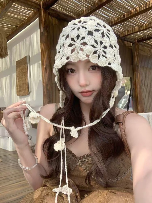 ボヘミアンフラワータッセル編み込みつば帽子レトロ中空エスニックスタイル手編みプルオーバー帽子|undefined
