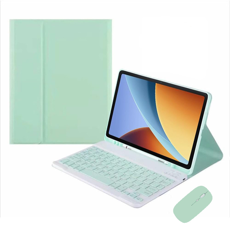 Funda de cuero verde claro + teclado Bluetooth + ratón de carga