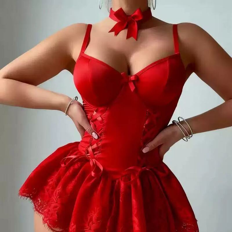 Cross-Border European and American Plus-Size Sexy Nightgown with Straps, Mesh Lace, Pure Desire Bow, Body-Shaping Nightdress Set Wholesale for Women