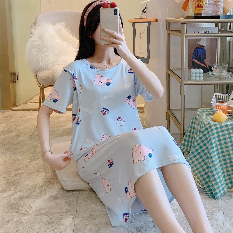 Nursing nightgown summer day thin postpartum cotton monthly clothing April 5 nursing pregnant women pajamas short sleeve dress Nursing nightgown summer day thin postpartum cotton monthly clothing April 5 nursing pregnant women pajamas short sleeve dress