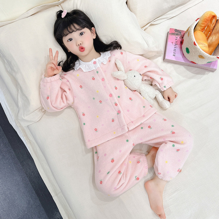 Girls' Coral Fleece Pajamas Autumn and Winter 2025 New Thickened Girls' Baby Flannel Children's Lace Homewear