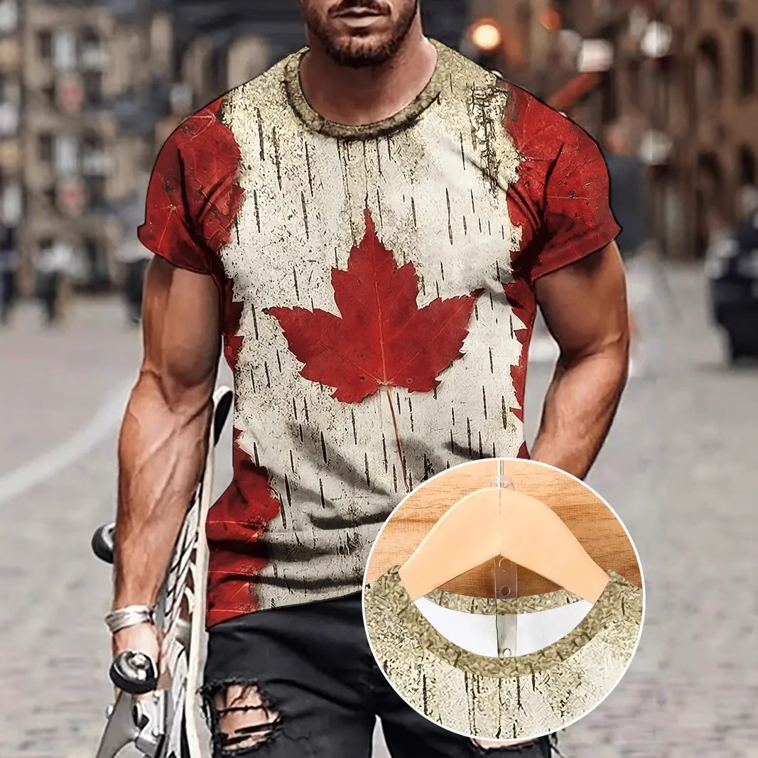 Camiseta de cuello redondo de manga corta transpirable de malla suelta de la calle principal con estampado 3D de hoja de arce de color de contraste abstracto retro de la calle principal para hombres