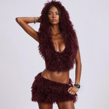 J25ST219欧美跨境女装秋冬深V领连帽露背绑带上衣毛毛A字短裙套装