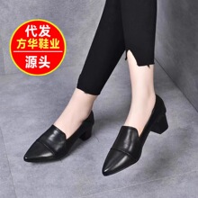 2025年春季新款高跟鞋女中跟单鞋软皮浅口四季单鞋尖头粗跟皮鞋