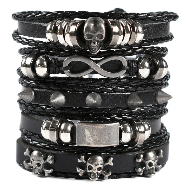 Pulsera de cuero tejida transfronteriza de los hombres europeos y americanos traje de múltiples capas pulsera de cráneo pulsera de cuero genuino