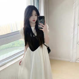 法式白色假两件连衣裙女夏季2023新款设计感小众长款泡泡袖初恋裙