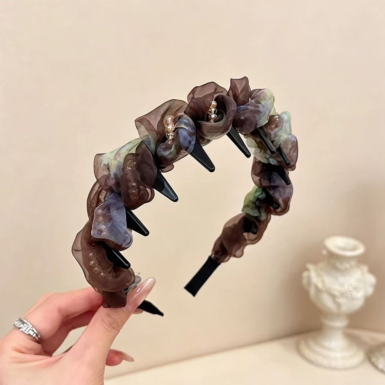 Bosque de niebla suave malla de acero teñido cuentas alto cráneo correa de cabello completo acabado de cabello roto fuera de la correa de cabello de presión
